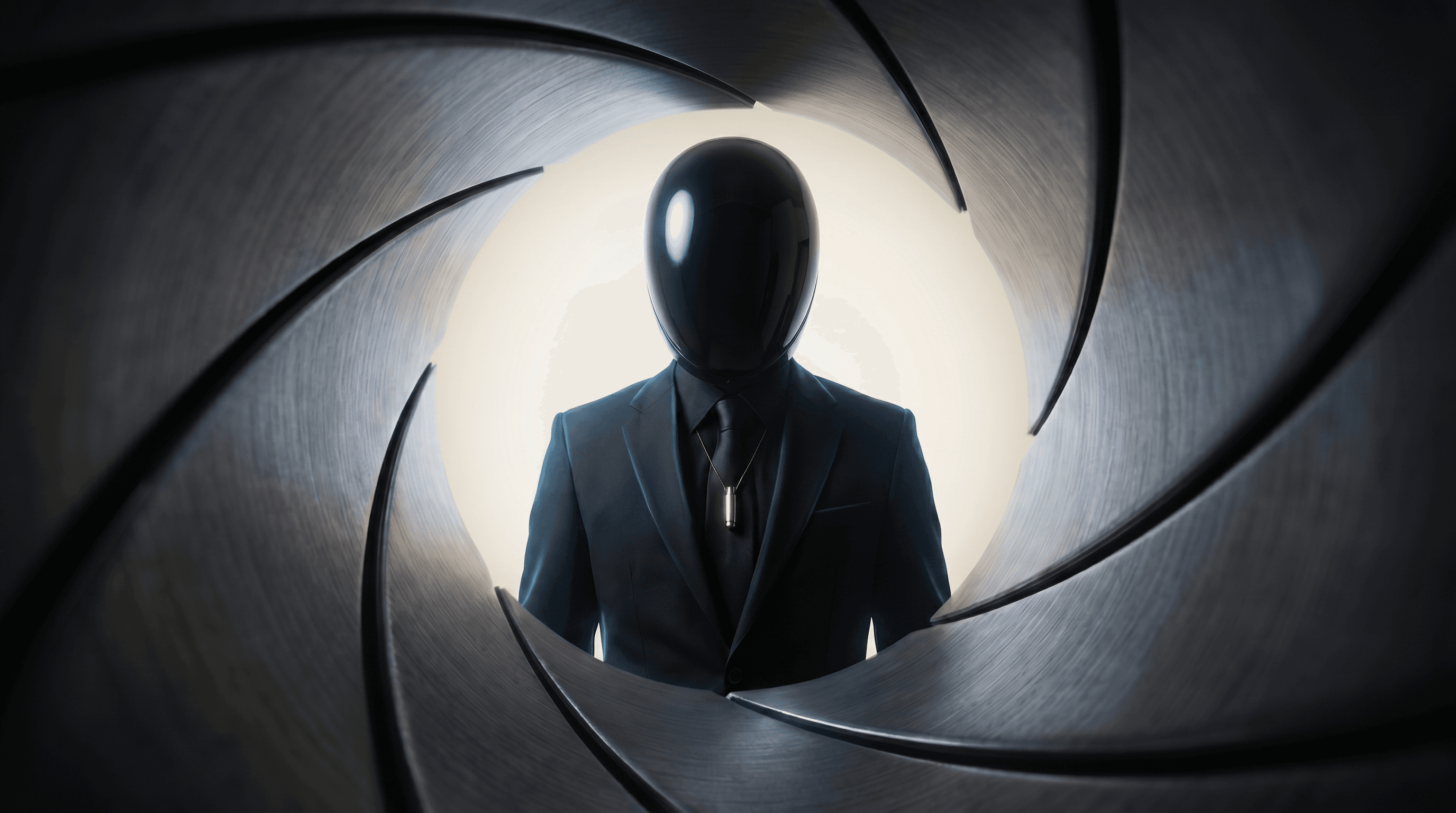 Wear Metal — figure in suit wearing titanium cartridge pendant, framed in a polished iris